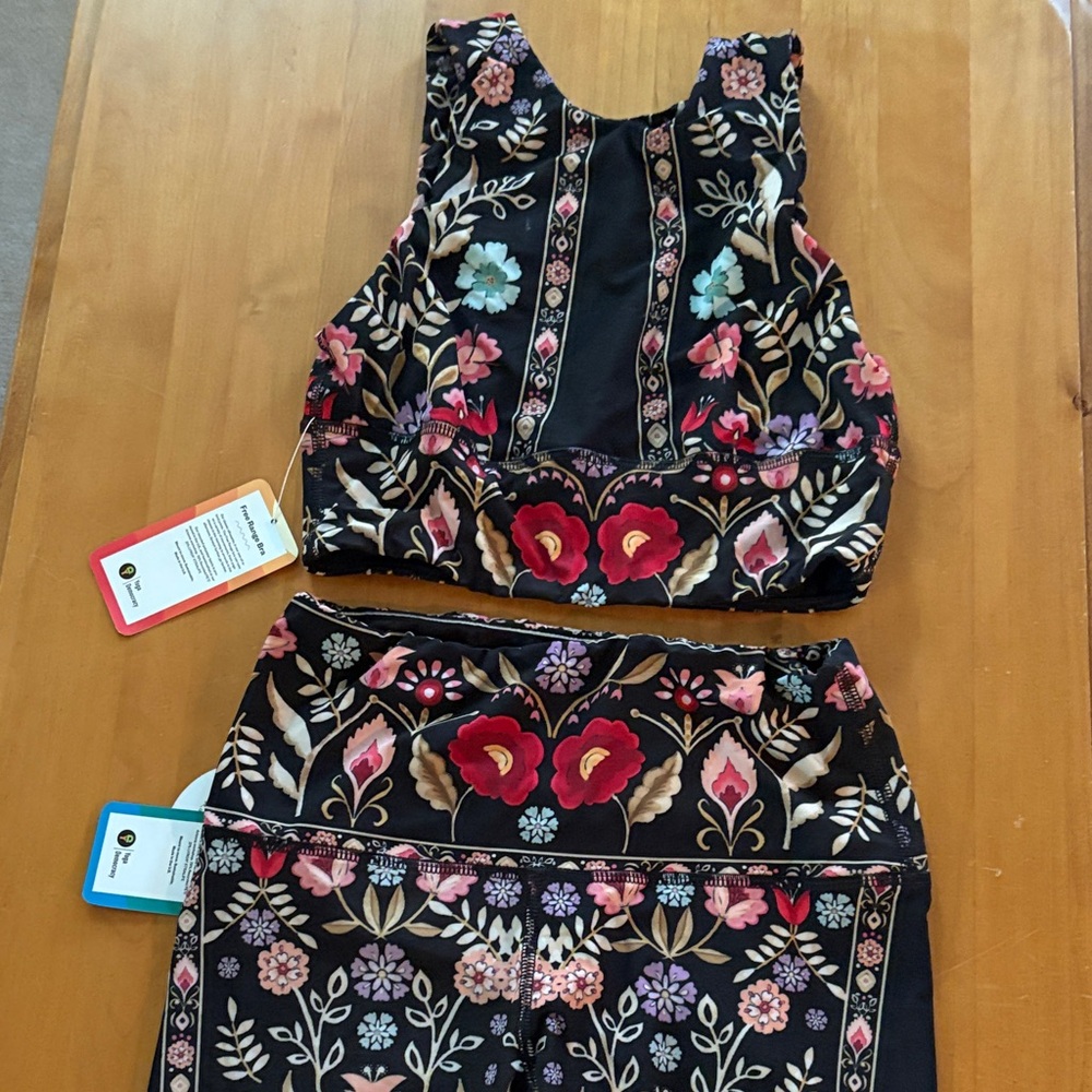 Floral Embroidered Black Crop Top and Leggings Set